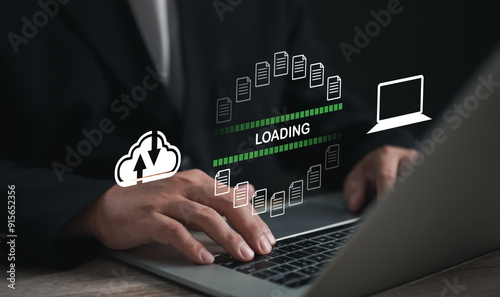 Encryption with file transfer concept : Business man use laptop for remote and download or upload folder document picture by internet connection with full access to remote files..	