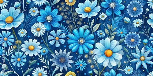 Vibrant blue floral seamless pattern featuring daisies, forget-me-nots, and cosmos in varying shades, ideal for fabric, wallpaper, or digital backgrounds, adding a touch of elegance.