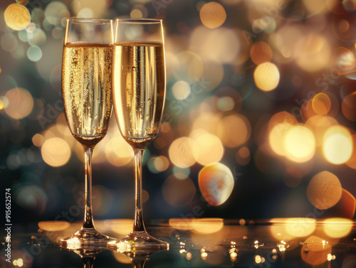 Two Champagne Flutes with Golden Bokeh Background