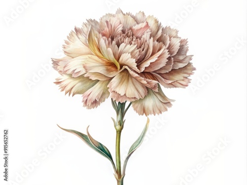 Delicate, hand-painted illustration of a dried carnation blossom in soft pastel hues, isolated on a clean white background, with intricate details and textures.