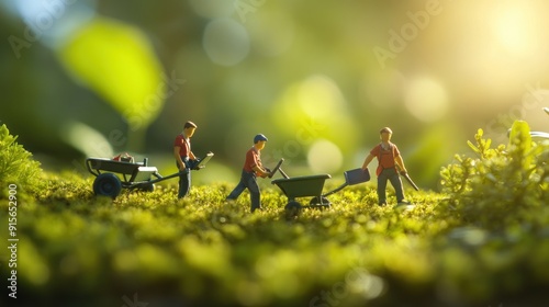 The miniature landscape features miniature people working in the garden with a wheelbarrow, with a blurred background and miniature model depth of field effects