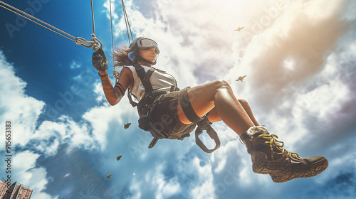 Abstract Low angle of tourist on zip line