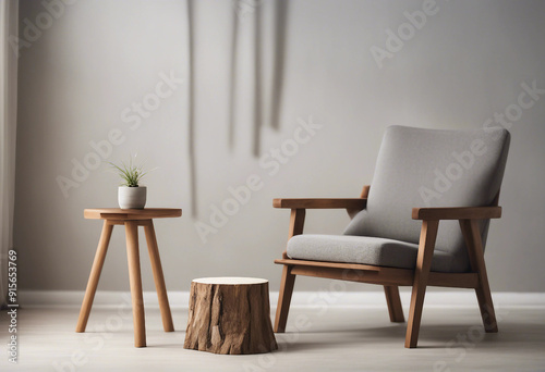 Lounge chair and wood stump side table with empty blank mock up frame Rustic minimalist home interio