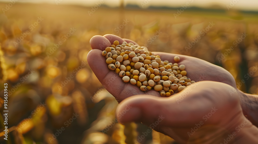 Close-up of a hand holding soybeans with a large soy farm in the background, symbolizing agricultural business and economic growth Close-up of a hand holding soybeans with a large soy farm in the background, symbolizing agricultural business and economic growth