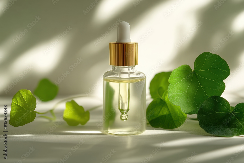Glass bottle with dropper containing essential oil for aromatherapy and centella asiatica leaves on white background with natural light Glass bottle with dropper containing essential oil for aromatherapy and centella asiatica leaves on white background with natural light