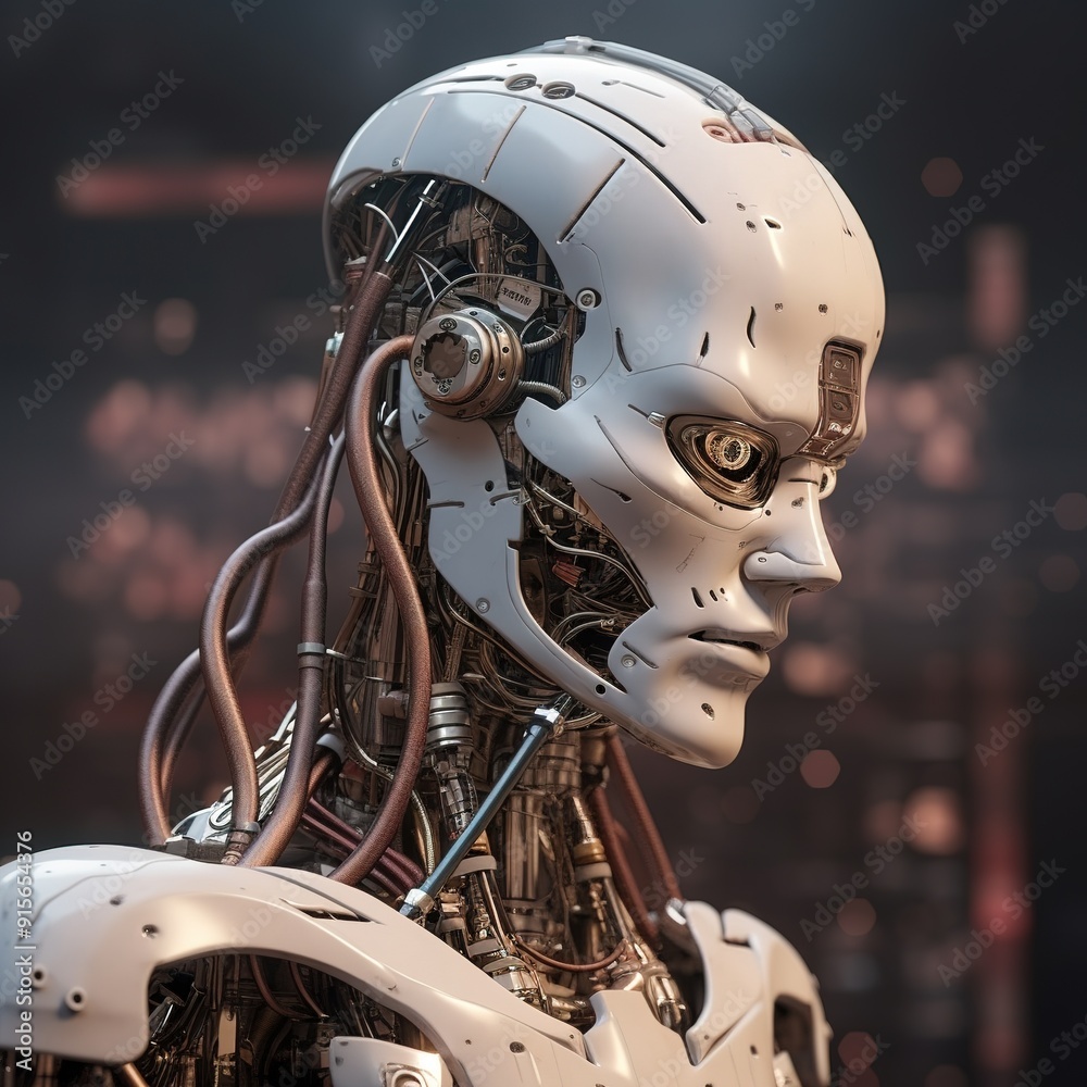 Close-up of a futuristic robotic head with exposed circuitry. Close-up of a futuristic robotic head with exposed circuitry.