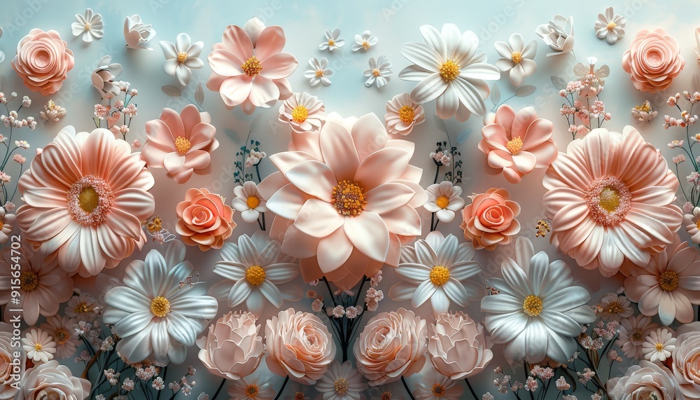 Light pastel floral background with 3D elements, creating a delicate border with assorted flowers and copy space Light pastel floral background with 3D elements, creating a delicate border with assorted flowers and copy space