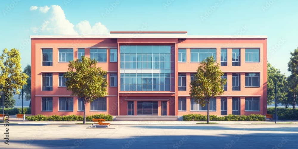 A red building with trees and foliage in the foreground, great for use as a background or to add some color to your design A red building with trees and foliage in the foreground, great for use as a background or to add some color to your design