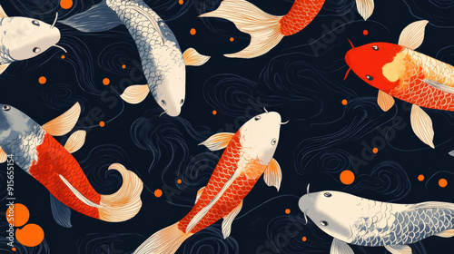 background featuring simplified forms of koi fish swimming in a circular pattern, using a limited color palette to evoke prosperity and perseverance photo