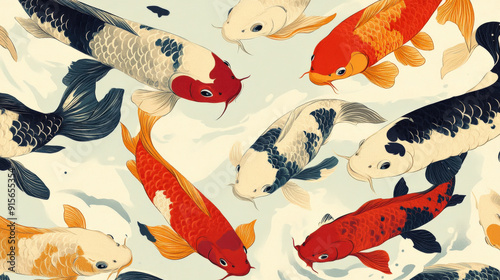 background featuring simplified forms of koi fish swimming in a circular pattern, using a limited color palette to evoke prosperity and perseverance photo