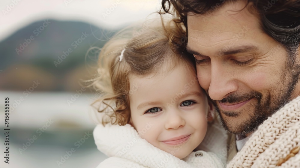 Father and Daughter Smiling Together Near Water in Autumn Father and Daughter Smiling Together Near Water in Autumn