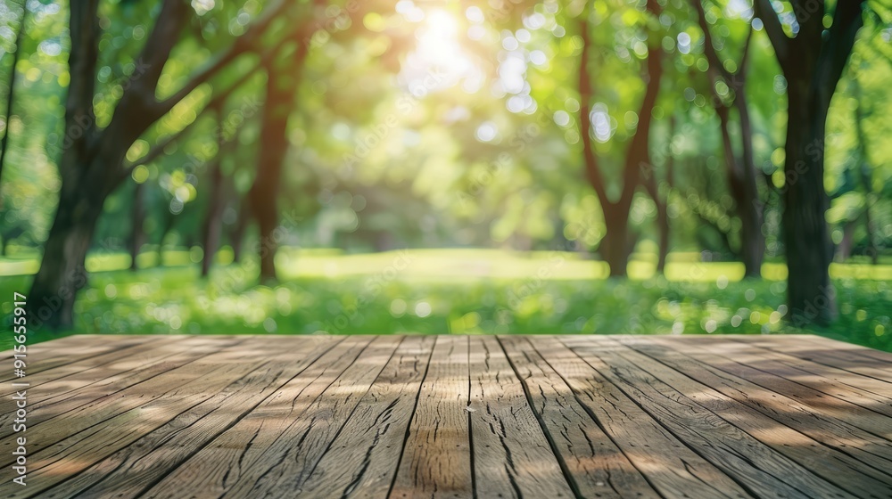 Wooden floor with blurry nature park trees in summer, product display backdrop Wooden floor with blurry nature park trees in summer, product display backdrop
