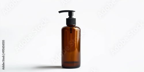 Tall amber bottle with pump dispenser standing on white background