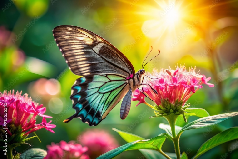 Delicate butterfly sips nectar from a vibrant pink flower amidst lush green foliage, its iridescent wings shimmering in the warm sunlight. Delicate butterfly sips nectar from a vibrant pink flower amidst lush green foliage, its iridescent wings shimmering in the warm sunlight.