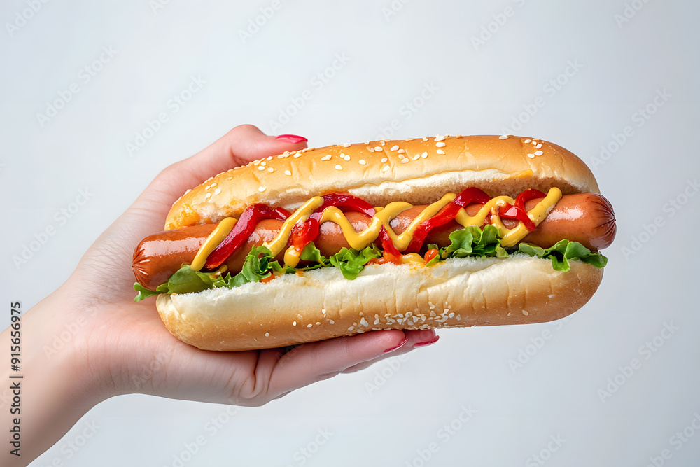 A hand holding a hotdog with ketchup and mustard isolated on a white background A hand holding a hotdog with ketchup and mustard isolated on a white background