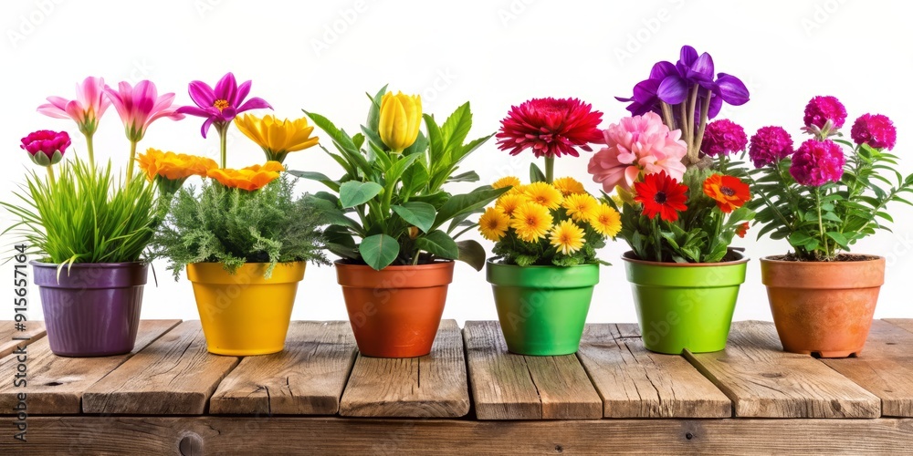 Vibrant potted plants in a variety of colors, including pink, yellow, purple, and orange, line up on a rustic wooden table or shelf against a white background. Vibrant potted plants in a variety of colors, including pink, yellow, purple, and orange, line up on a rustic wooden table or shelf against a white background.