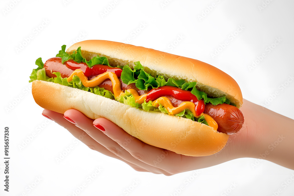 A hand holding a hotdog with ketchup and mustard isolated on a white background A hand holding a hotdog with ketchup and mustard isolated on a white background