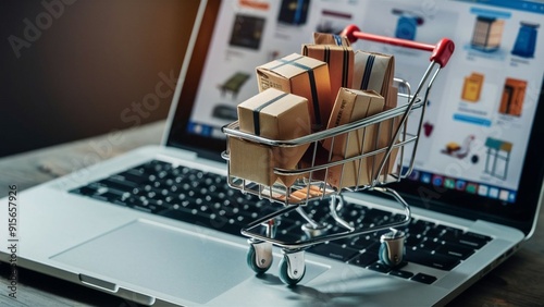 a mini trolley full of packages on a laptop. ecommerce. online store.