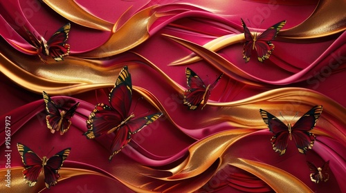Majestic 3D Abstract Scene with Burgundy Butterflies Dancing Among Golden Abstract Waves on a Vintage Crimson Red Background