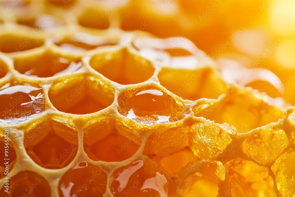 Honey cells in a honeycomb background. Hexagonal structures in beekeeping, natural texture pattern in yellow color Honey cells in a honeycomb background. Hexagonal structures in beekeeping, natural texture pattern in yellow color