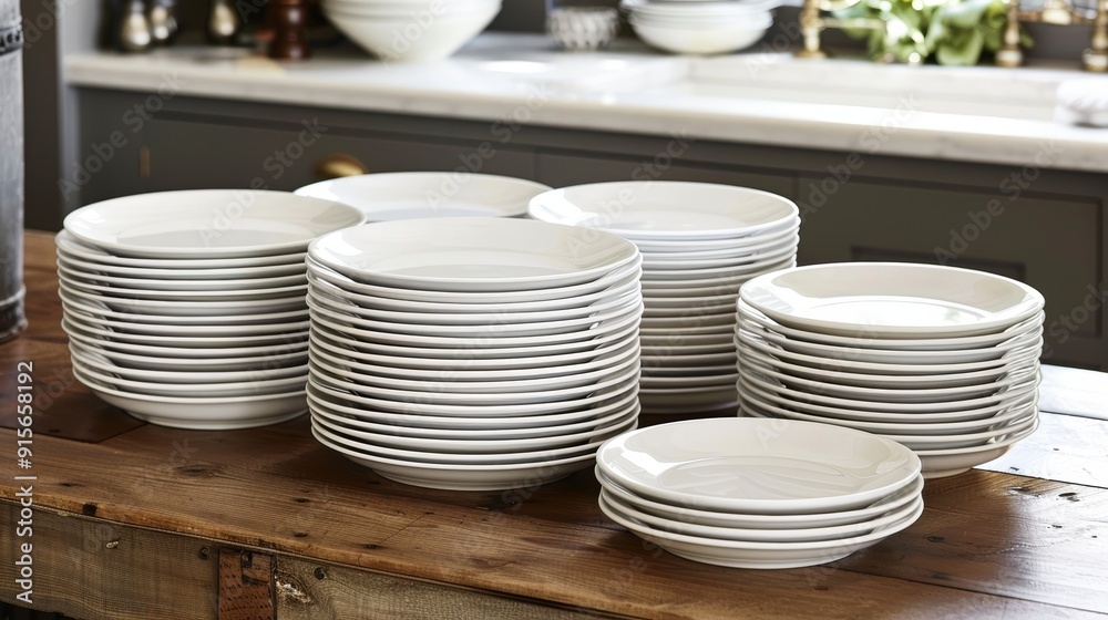Stacks of white plates in a rustic kitchen setting