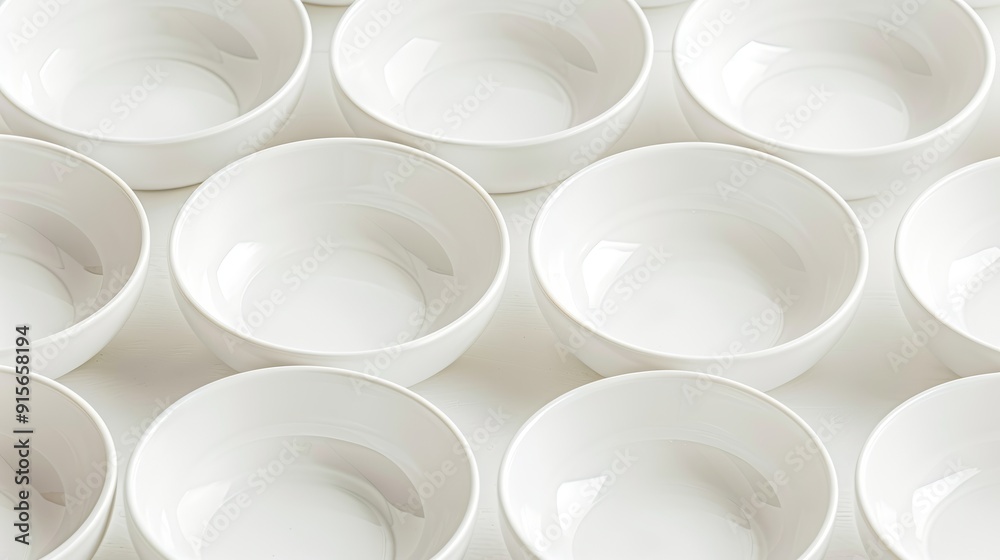 Minimalist rows of white ceramic bowls creating a clean and modern composition Minimalist rows of white ceramic bowls creating a clean and modern composition
