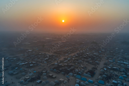 Flüchtlingslager im Morgengrauen mit aufgehender Sonne photo