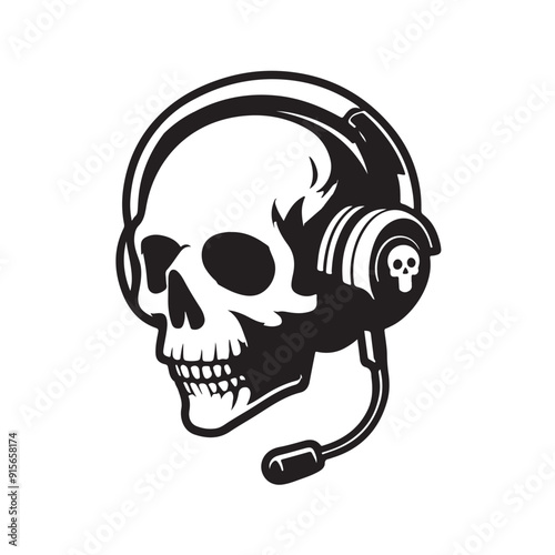Skull in headphones illustration. Headset on character head