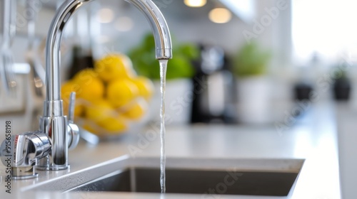 Water Flowing From Kitchen Faucet Over Colorful Tile Backsplash in Brightly D...