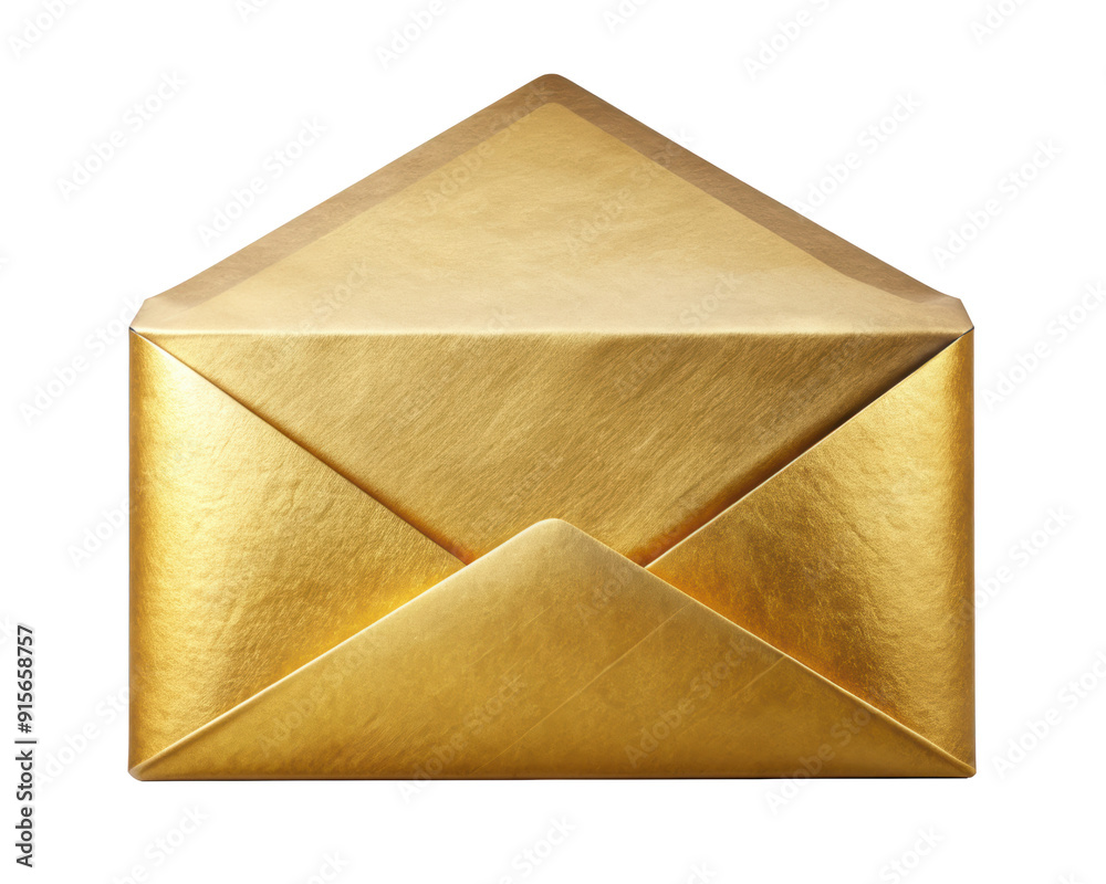 Shiny gold envelope open with a triangular flap, showcasing a luxurious and elegant design perfect for special occasions. Isolated on transparent background, png. Shiny gold envelope open with a triangular flap, showcasing a luxurious and elegant design perfect for special occasions. Isolated on transparent background, png.