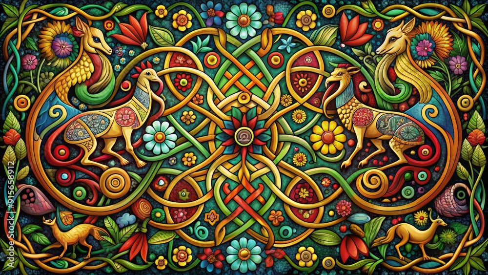 Vibrant illustration of intertwined animals and flowers in a mesmerizing Celtic pattern, with intricate knots and swirling shapes, evoking ancient mystique and natural wonder.