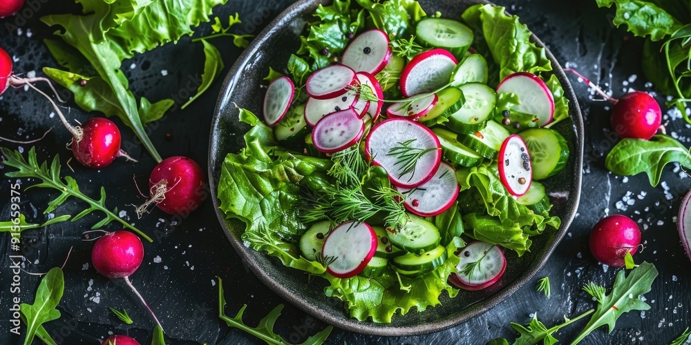 Healthy vegan salad with fresh green lettuce radish and cucumber Nutritious vegetarian dish Springtime greens in a flat lay view Healthy vegan salad with fresh green lettuce radish and cucumber Nutritious vegetarian dish Springtime greens in a flat lay view