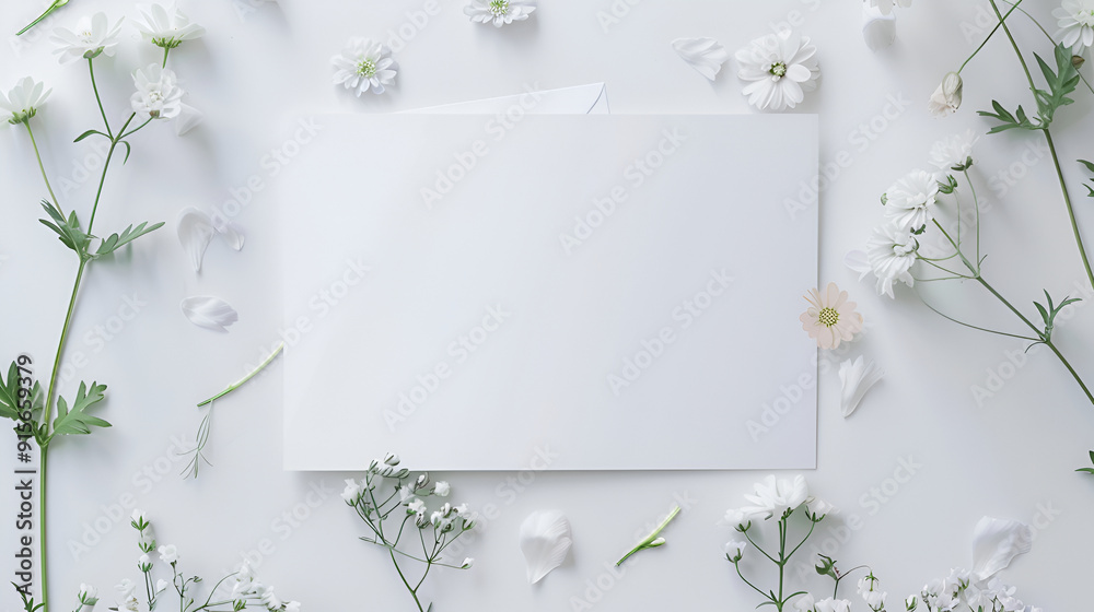 Top view of blank white paper with flowers on green copy space background Top view of blank white paper with flowers on green copy space background