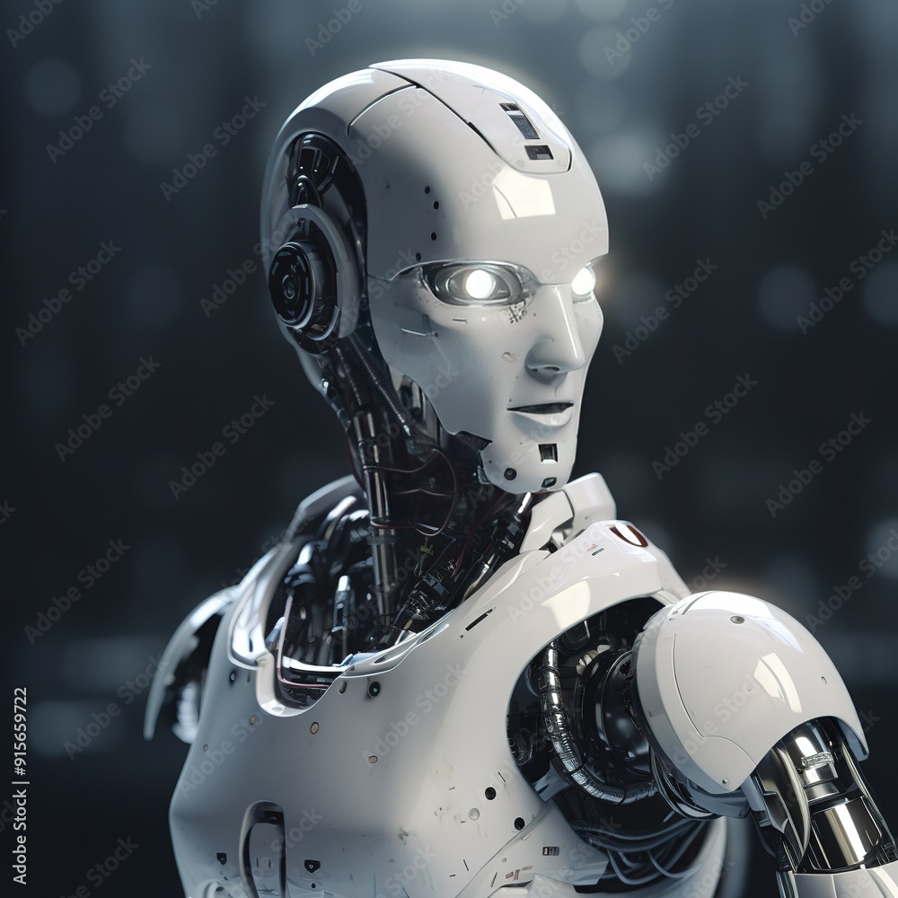Close-up of a humanoid robot's head and upper torso, with intricate details of its mechanical components. Close-up of a humanoid robot's head and upper torso, with intricate details of its mechanical components.