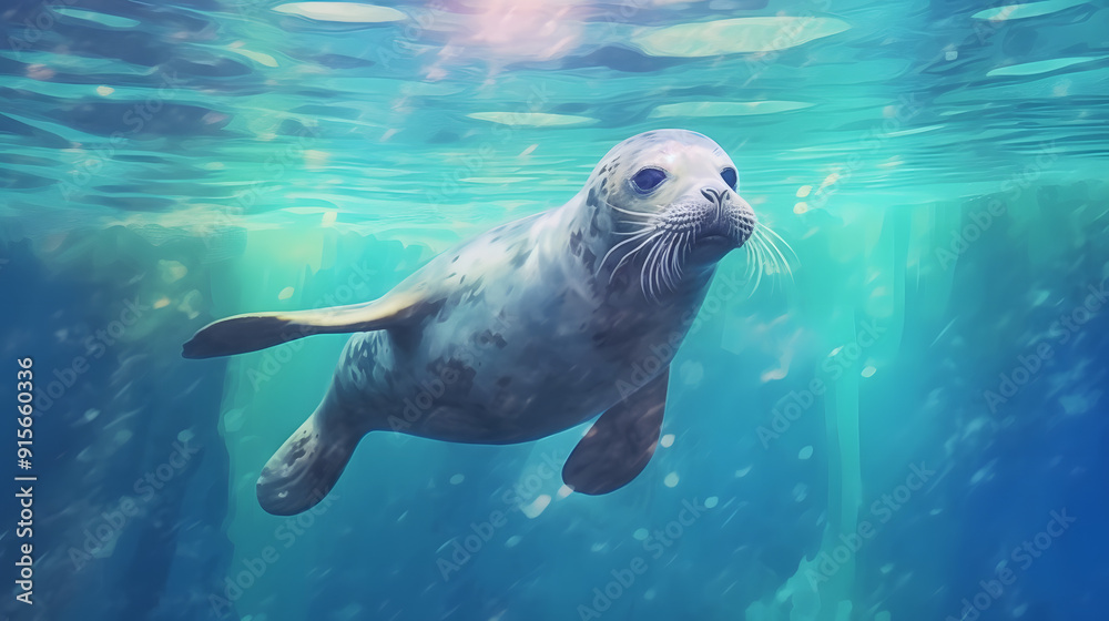 Seal under at sea watercolor style Seal under at sea watercolor style