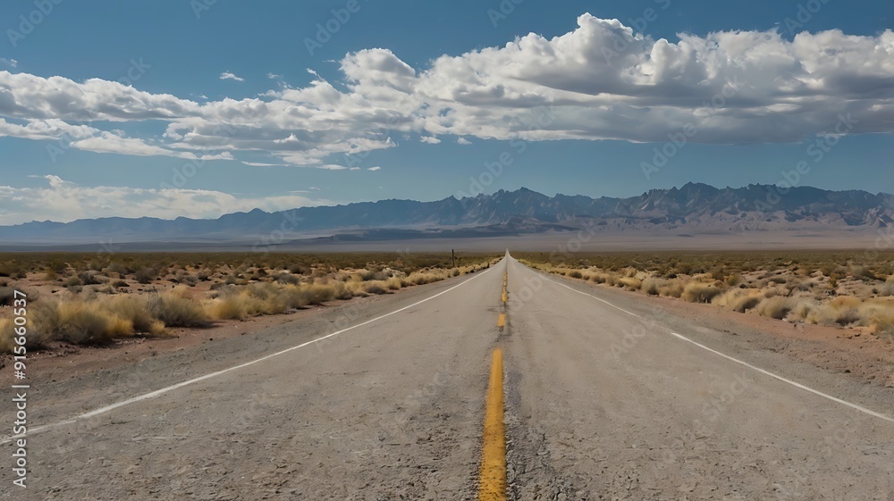 Naklejka premium A long road in horizon in the middle of endless hot desert under sunlight