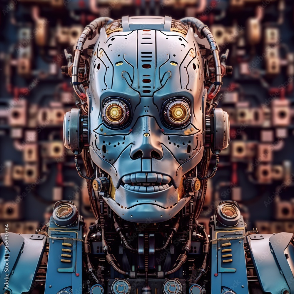 Close-up of a metallic robot head with glowing eyes. Close-up of a metallic robot head with glowing eyes.