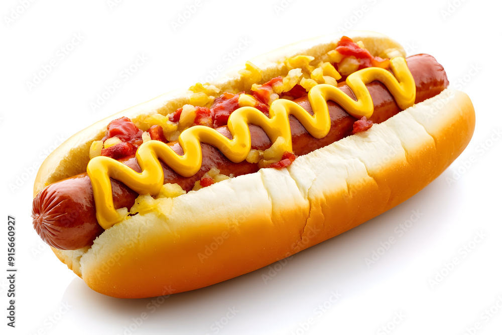 Hot dog with ketchup and mustard on white background Hot dog with ketchup and mustard on white background