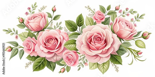 Wallpaper Mural Delicate vector illustrations of isolated pink rose bouquets on a pure white background, perfect for wedding design, featuring ornate corners and borders of roses in soft pastel hues. Torontodigital.ca