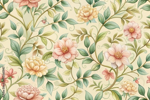 Delicate intertwining flowers and leaves in soft pastel hues create a vintage-inspired seamless floral pattern on a gentle cream-colored background.