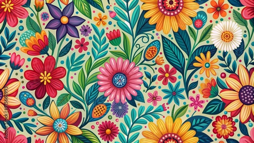 Vibrant, colorful floral pattern featuring organic, abstract flowers and foliage in a seamless design, perfect for spring season decorations and natural, whimsical illustrations.