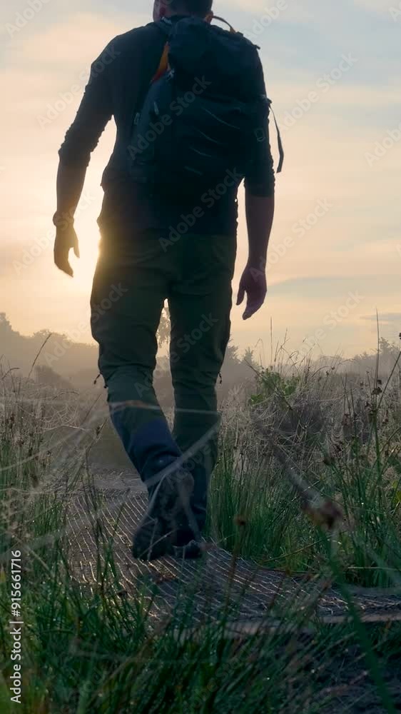 person walking in the field during a foggy sunrise person walking in the field during a foggy sunrise