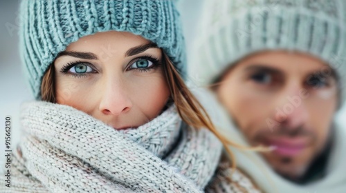 Happy Couple Smiling in Winter Landscape During Snowfall
