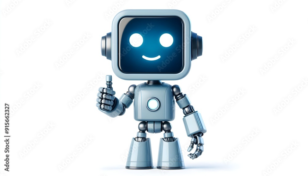 robot smiles showing thumb up isolated on white robot smiles showing thumb up isolated on white
