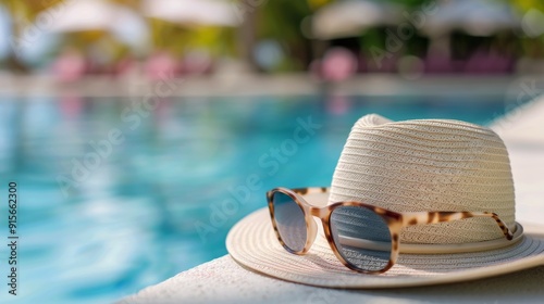 Relaxing Summer Hat and Sunglasses by Poolside on a Sunny Day