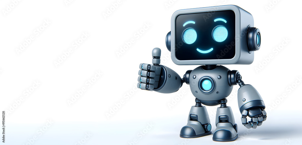 robot smiles showing thumb up isolated on white robot smiles showing thumb up isolated on white