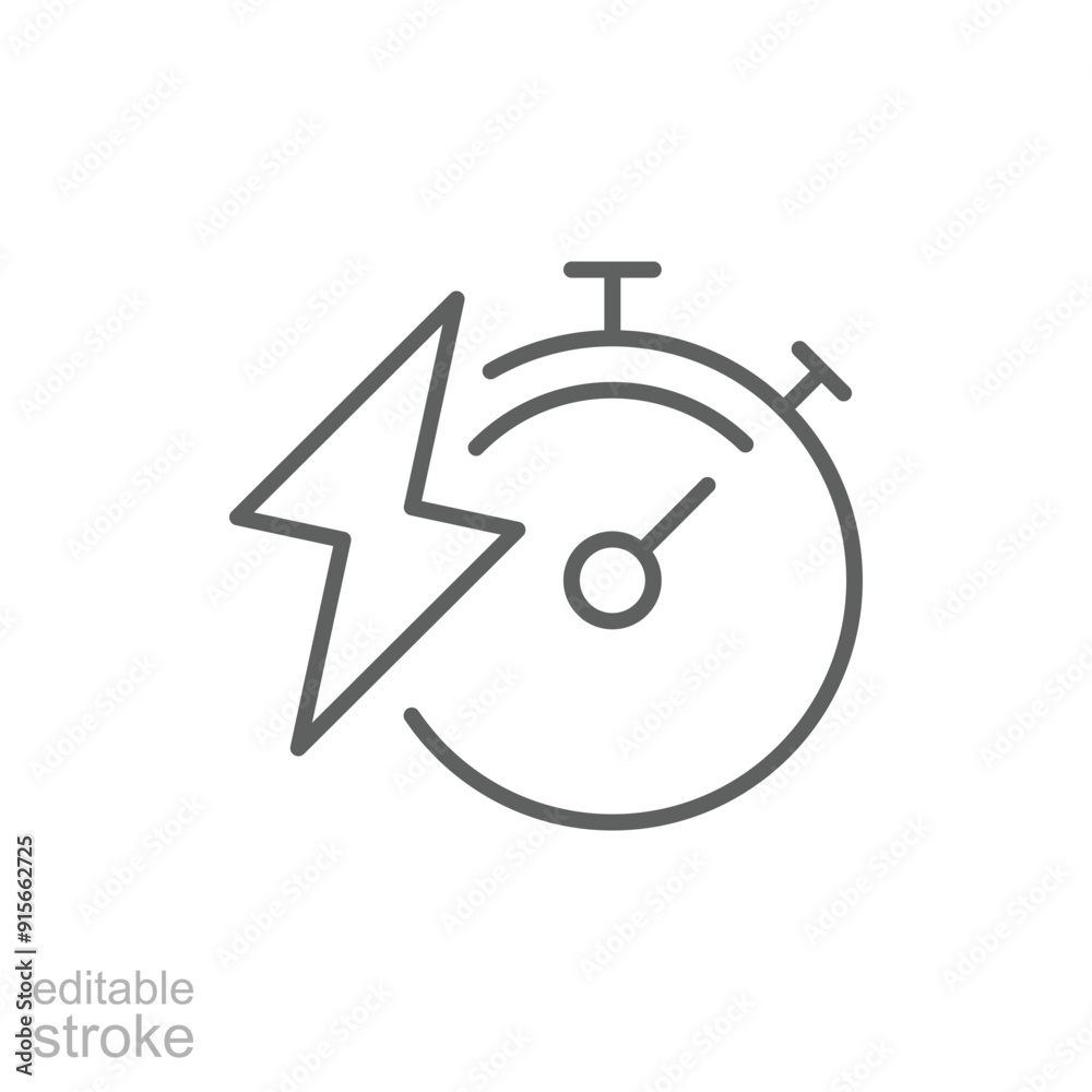 Charge time icon. Simple outline style. Lightning and stopwatch, boost, car, charging, electric vehicle, battery, technology concept. Thin line symbol. Vector illustration isolated. Editable stroke. Charge time icon. Simple outline style. Lightning and stopwatch, boost, car, charging, electric vehicle, battery, technology concept. Thin line symbol. Vector illustration isolated. Editable stroke.