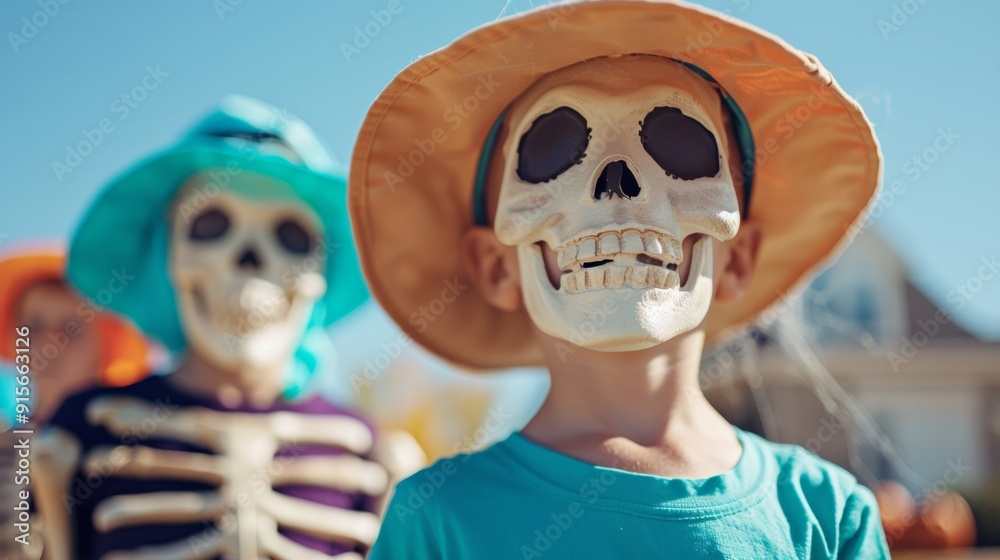 Children in Spooky Costumes Trick-or-Treating in a Decorated Neighborhood on Halloween Daytime Children in Spooky Costumes Trick-or-Treating in a Decorated Neighborhood on Halloween Daytime