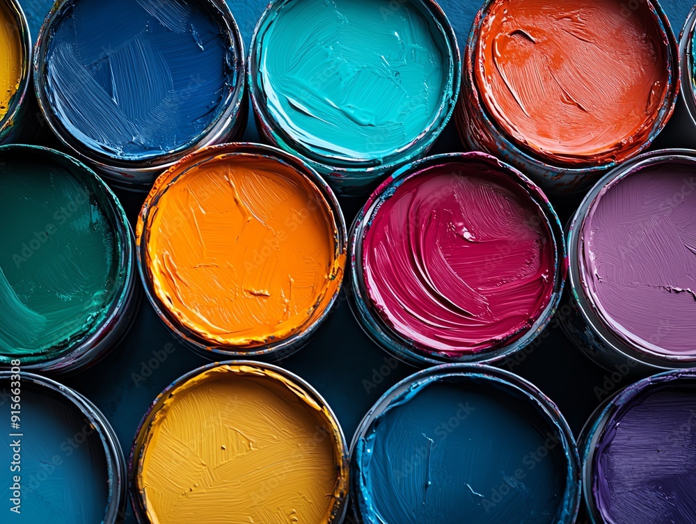 Closeup of colorful paint cans on a blue background. Closeup of colorful paint cans on a blue background.