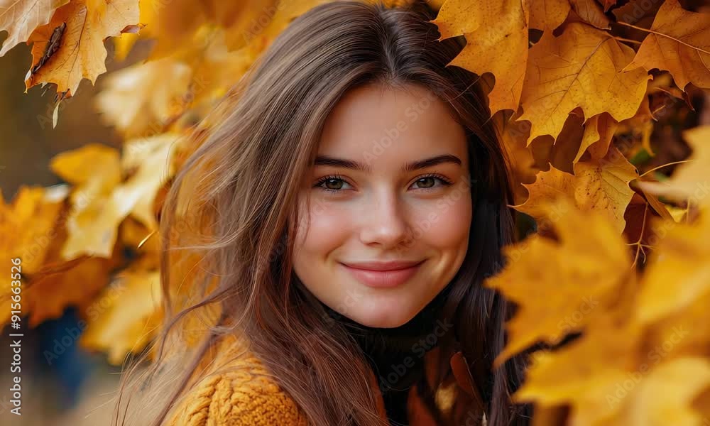 Smiling Caucasian female in autumn woods with yellow leaves Smiling Caucasian female in autumn woods with yellow leaves